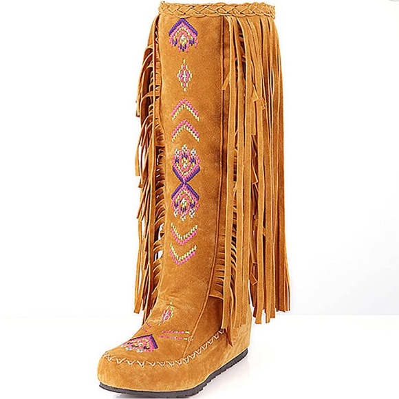 Ladies Moccasin Knee High Suede Wide Calf Leg Boots, Tan, - Picture 4 of 13